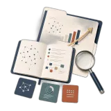 An open notebook of network diagrams beside a folder of rising charts and a magnifying glass.