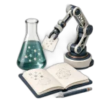 A robotic arm, an Erlenmeyer flask, and an open lab notebook of molecular sketches.