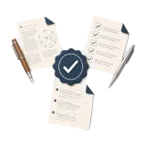 Three checklists fanned around a check-mark badge.