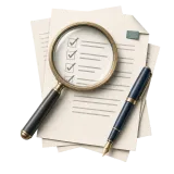 A magnifying glass held over a checklist of completed items, pen alongside.