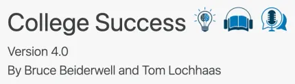 A FlatWorld catalog listing for College Success, Version 4.0, with SmartHelper, audiobook, and podcast icons beside the title.