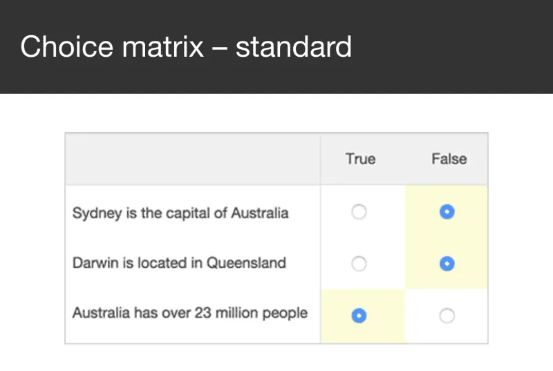 A choice matrix question with true and false columns.