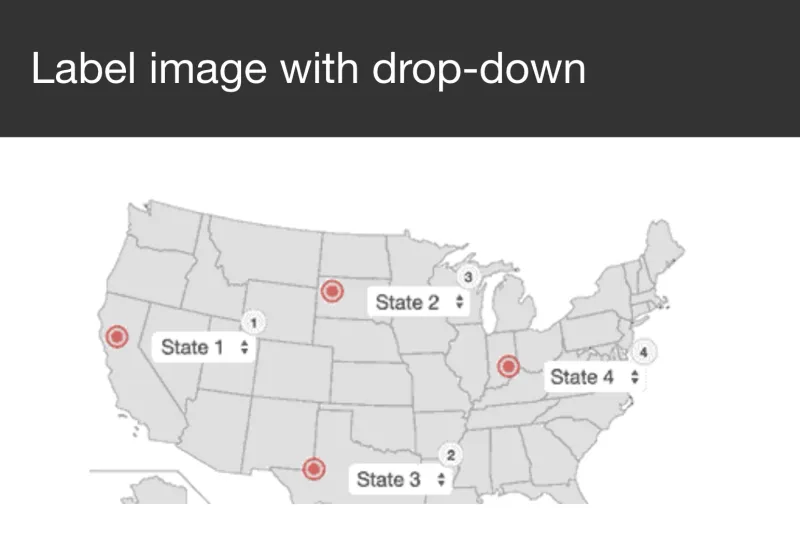 An image labeling question with drop-downs pinned to a map of the United States.