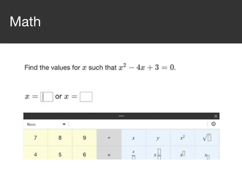 A math question with an equation editor and a formula keypad.