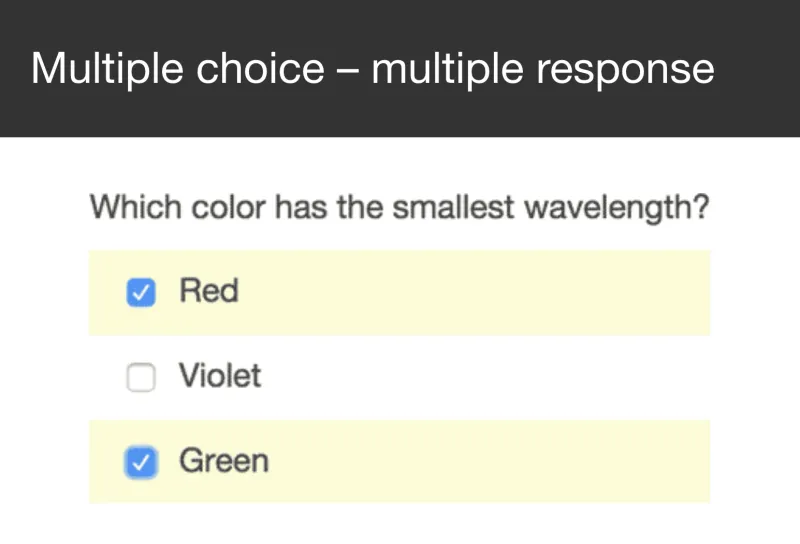 A multiple choice question asking which color has the smallest wavelength, with two options selected.
