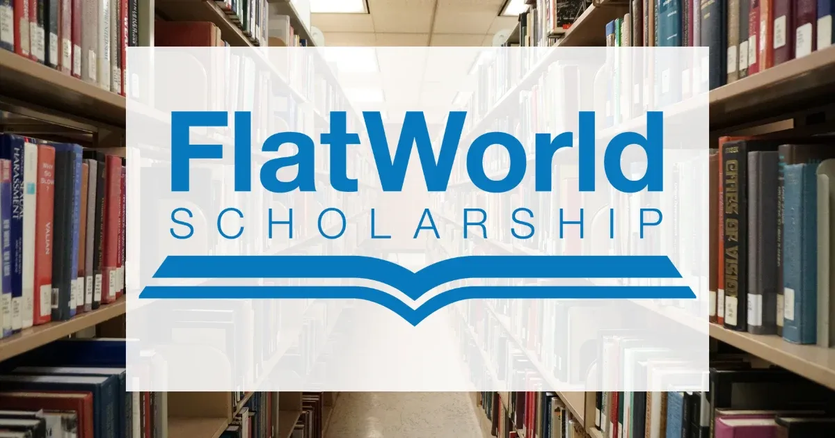 The FlatWorld Scholarship logo over an aisle of library shelves.