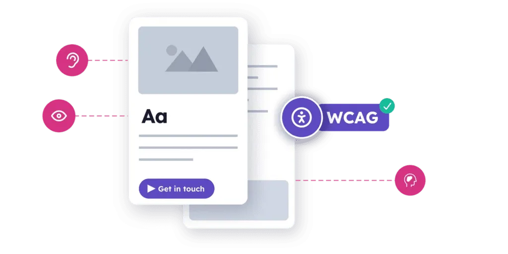 WCAG-compliant web page mockup surrounded by hearing, vision, and cognitive accessibility icons, with a WCAG compliance badge.