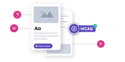 A web page mockup ringed by hearing, vision, and cognitive accessibility icons beside a WCAG compliance badge.